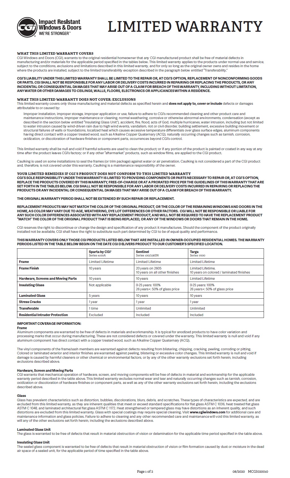 Solar Impact Window - CGI Warranty 2020
